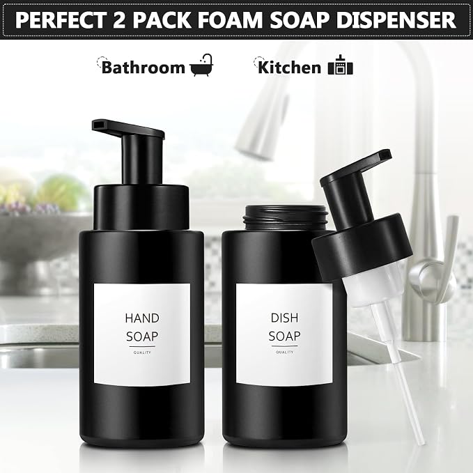 RYTOXILO Matte Black Foaming Hand Soap Dispenser, 10 oz/300ml Glass Foam Dispenser, 2 Pcs Foaming Soap Dispenser for Bathroom, Black Refillable Pump with Waterproof Labels