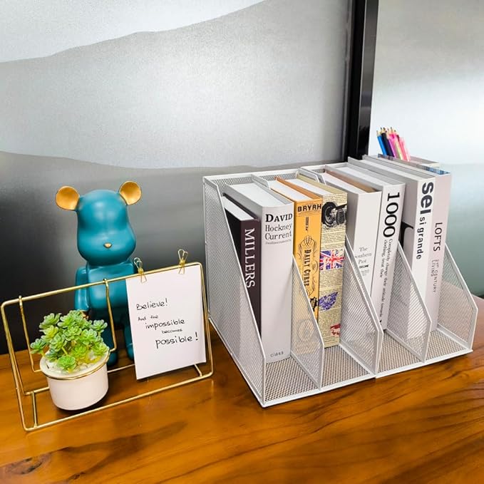 Mesh Magazine File Holder, 2 Pack Set, Desk Organizer | Sturdy metal mesh file holder. 2 compartments for magazines, documents. Desktop storage for office & home. White.