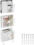 OYEAL Hanging Wall File Organizer Holder 3 Pack Mesh Wall Mounted Magazine Holder with Hooks, Metal Wall Document Pocket Mail Organizer for Office/Home Organization and Storage, White