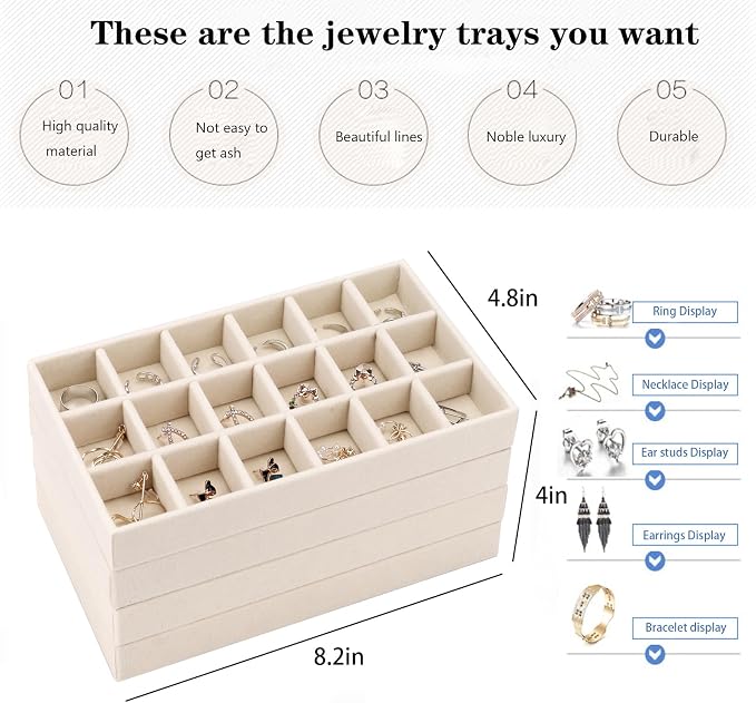 Velvet Jewelry Organizer for Drawer, Stackable Jewelry Drawer Inserts in Dresser, 8in Beige Storage Display Case for Rings Stud Necklaces Accessories, Set of 4