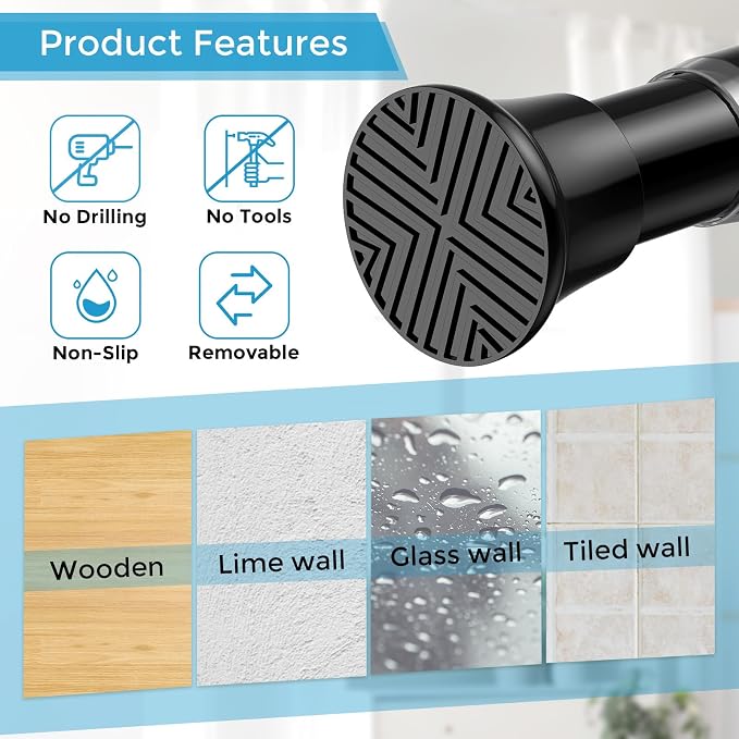 Tension Rod 30-76Inch Black Tension Curtain Rods for Windows Spring Tension Rod Adjustable Curtain Rod no Drilling Long Tension Rods for Window,Doorway,Closets