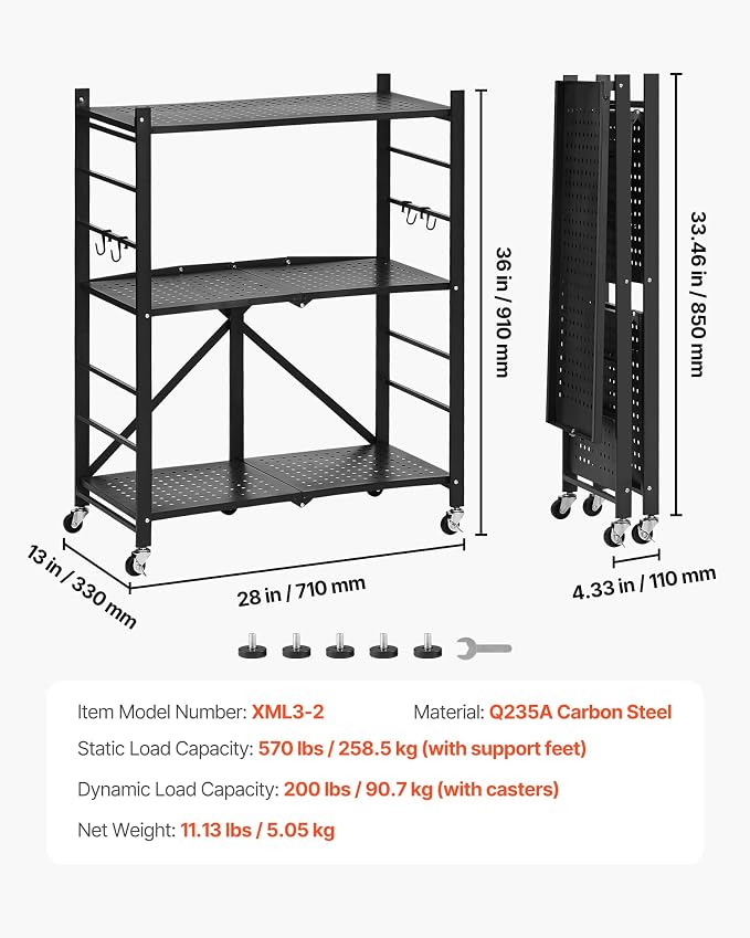 VEVOR 3-Tier Foldable Storage Shelf, 28W x 13D x 36H Inch Folding Metal Rack Shelving Unit, No Assembly Organizer Shelf with 5 Wheels & 4 Hooks for Pantry, Kitchen, Garage, Basement, Black