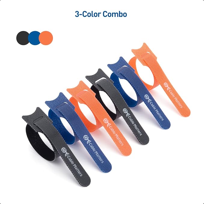 Cable Matters 100-Pack 8-Inch Hook-and-Loop Reusable Cable Ties, Multicolor | 42 Lbs Tensile Strength, Black/Blue/Orange, Cord Wrap, Zip Ties and Cable Management Straps