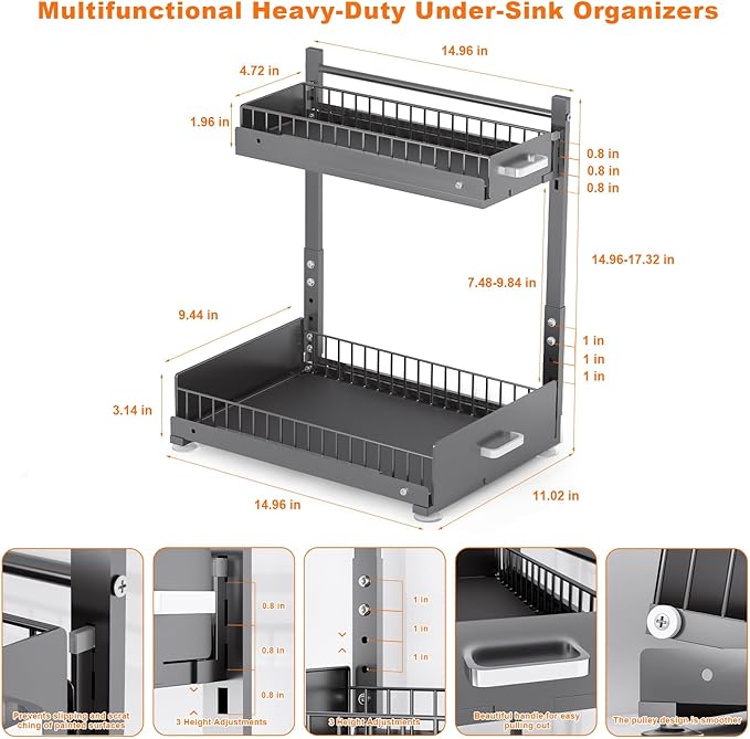Under Sink Organizer,2 Tier Slide Out Kitchen Cabinet Organizers with Pulley,Under Bathroom Sink Pull Out Organizer with Multiple Height Adjustments for Kitchen and Bathroom Cabinets-Gray