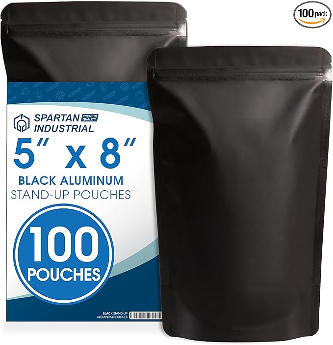 Spartan Industrial 5" X 8" Matte Black Stand-Up Pouch Bags - 100 Count Smell-Proof Mylar Bags With Heat Sealable Opening and Resealable Zipper
