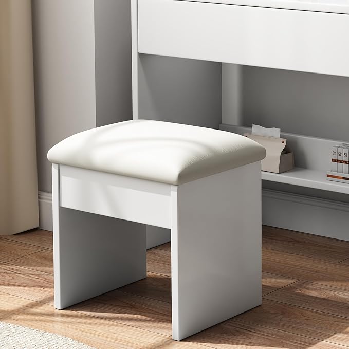 Small Makeup Vanity Desk with Mirror and Lights, Vanity Table Set with Storage Drawer & Open Shelves, 3 Lighting Colors, Adjustable Brightness White Makeup Vanity with Stool (Style A)