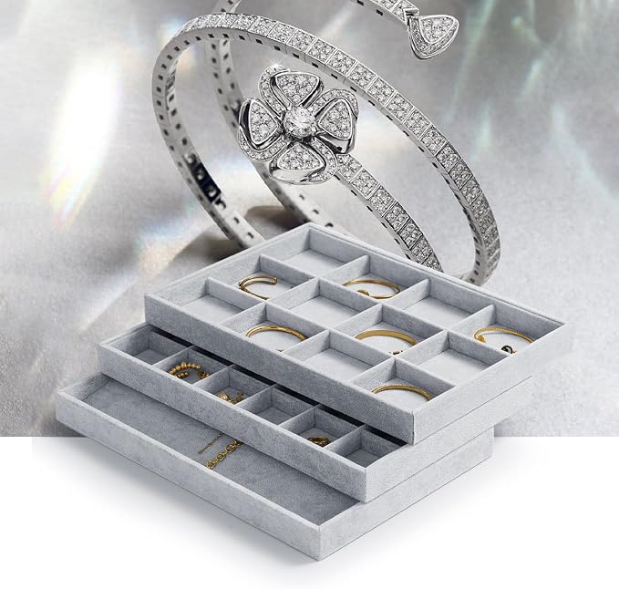 Oirlv Velvet Stackable Jewelry Display Trays 12 Grids Rings Earrings Bracelet Organizer Storage Tray(13.8"x1.29"x9.4")
