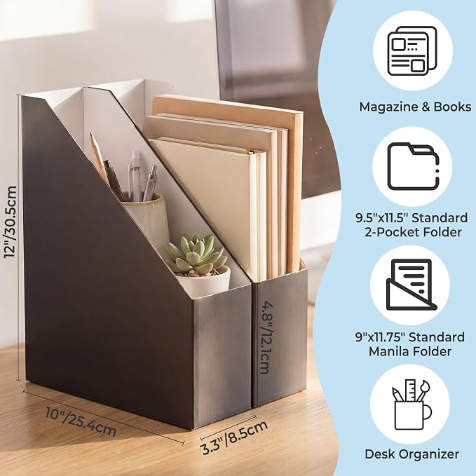 Rempry Magazine File Holders Black Set of 6, Foldable Cardboard Document Organizer Boxes with Labels, Space-Saving Storage for Office, Home, School, 10x3.3x12 Inchs