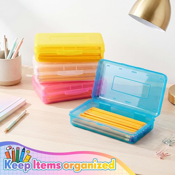 Blulu 6 Pack Large Plastic Pencil Case Box Clear Pencil Boxes Bulk Hard Crayon Box Storage with Snap Lids 8.1 x 4.7 x 2.2 Inch Painting Organizer Classroom Stationery School Supplies (Colorful)