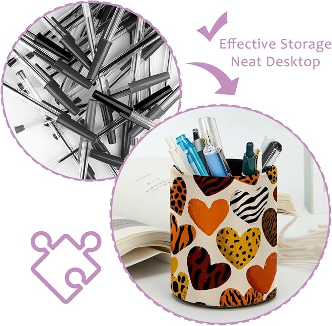 Leather Pen Holder for Desk, Leopard Heart Pencil Cup Pen Organizer Makeup Brush Holder for Office Home Kids Countertop Desk Accessory Storage