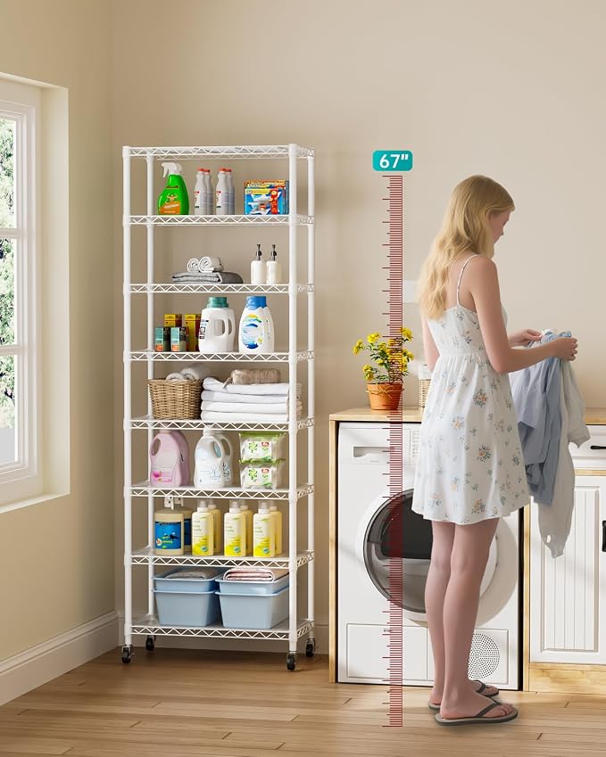 Golpart Shelves Storage Shelf Wire Closet Bathroom Organizers Metal Pantry | 8 tier Kitchen Garage Shelving Unit Laundry Room Organization Home Rack Net Basket Black with Wheels 11.7”D X 22”W X 74.2”H