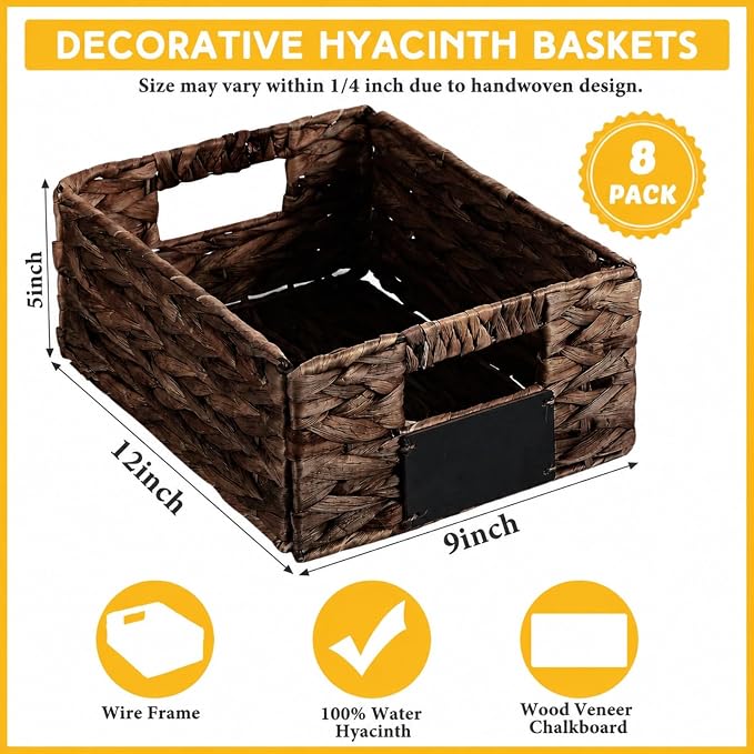 Nitial Wicker Storage Basket, Rectangular Water Hyacinth Storage Basket for Shelving, Foldable Woven Pantry Organizer with Chalkboard Label and Chalk Marker(12 x 9 x 5 Inch,Dark Brown)