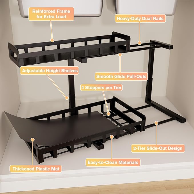 Under Sink Organizer, Metal Large Capacity 2-Tier Sliding Cabinet Storage Rack, Heavy-Duty Rust-Resistant Steel Frame, Holds 50 lbs, Adjustable Height 12–16", 14"D x 11"W for Kitchen & Bathroom, Black