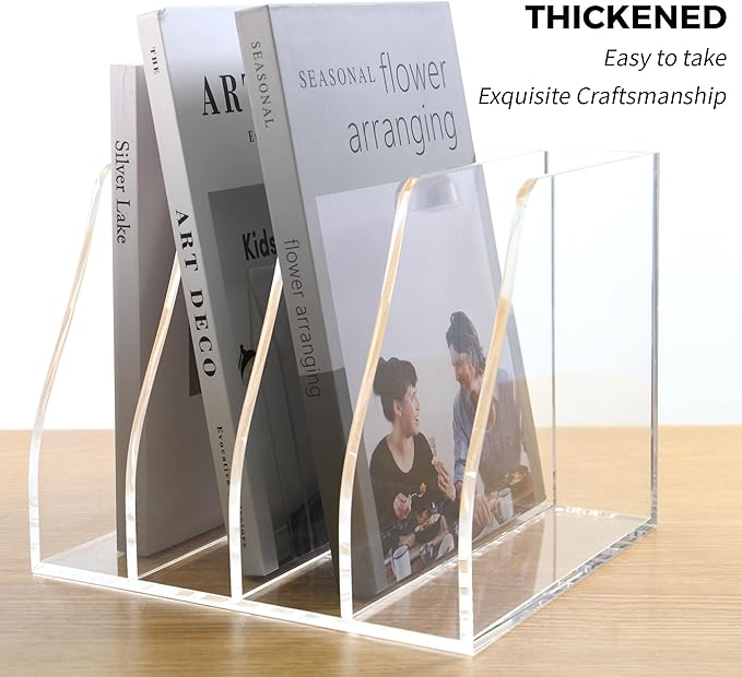 Acrylic File Folder Holder for Desk with Handles, 4-Slot Clear Desk Organizers and Accessories, Vertical Magazine File Sorter & Binder Holder, Desktop Book Organizer for Office, School & Home