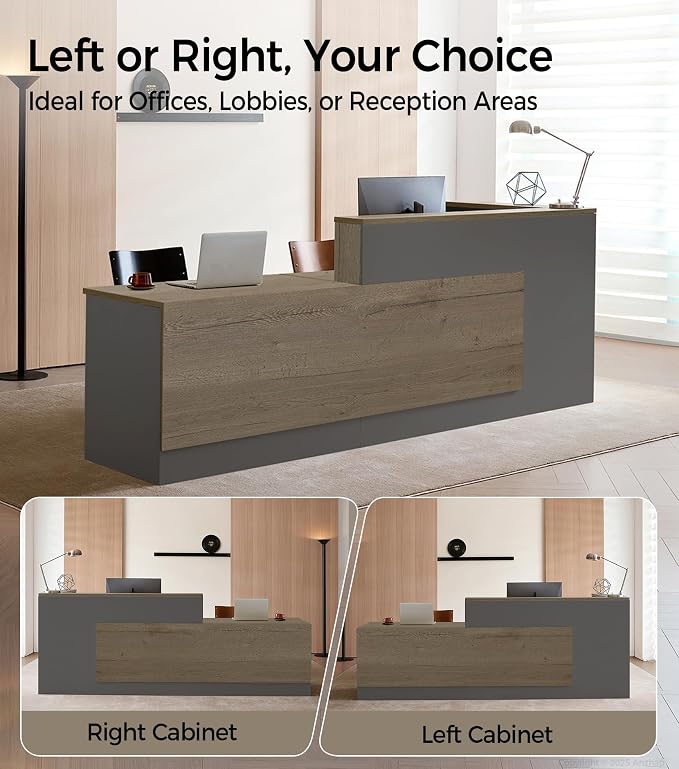 Modern L-Shaped Reception Desk with Counter - 63 Inches Front Desk with Storage Cabinet, Open Shelves, Lockable Drawer & Keyboard Tray for Office, Lobby, Checkout (Tobacco Wood & Iron Gray - Left)