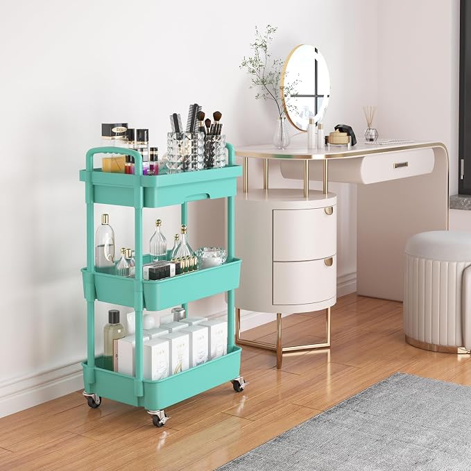 Calmootey 3-Tier Rolling Utility Cart with Drawer,Multifunctional Storage Organizer with Plastic Shelf & Metal Wheel,Storage Cart for Kitchen,Bathroom,Living Room,Office,Green | Space-Saving Organizer, Sturdy Plastic Shelves, Smooth-Rolling Metal Wheel...