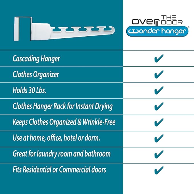 Wonder Hanger 2-Pack Over-the-Door Cascading Hanger Hooks, White | Create extra hanging space over any door with 2 cascading organizer hooks—ideal for clothes, closets, bedrooms and dorms.