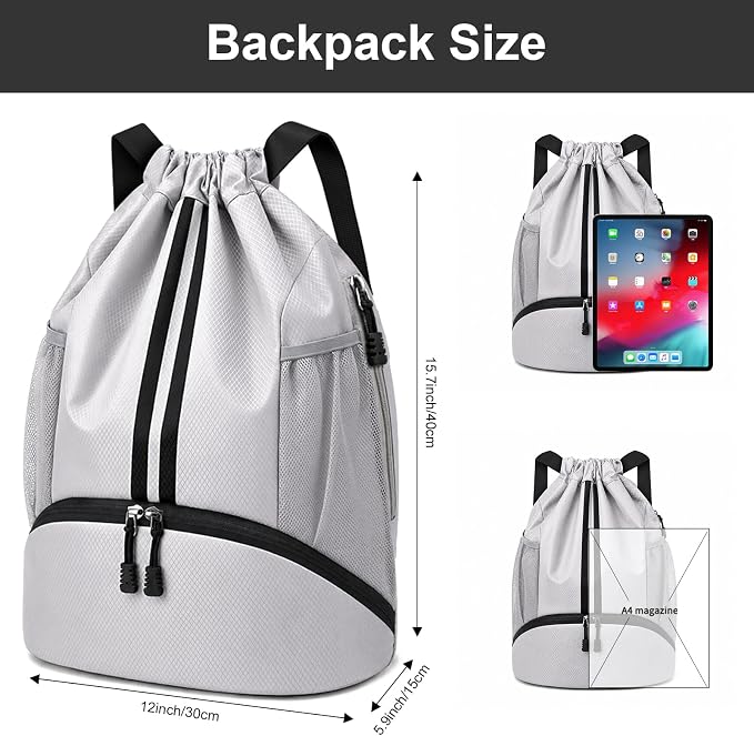Hoedia Sports Drawstring Backpack - Swim Gym Bag for Women and Men | String Bag with Shoes Compartment and Wet Proof Pocket, Adjustable Wider Shoulder Strap, For Soccer, Basketabll, Volleyball