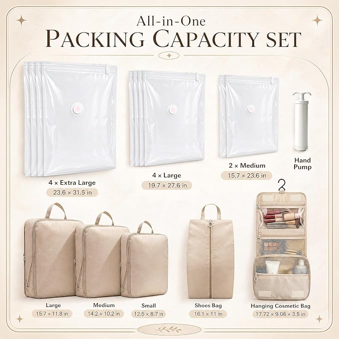 16 Set Vacuum Compression Packing Cubes and Expandable Storage Bag Travel Essentials with Hand Pump for Suitcase Organizer Bags in 6 Sizes with Shoe Laundry Hanging Cosmetics Bag