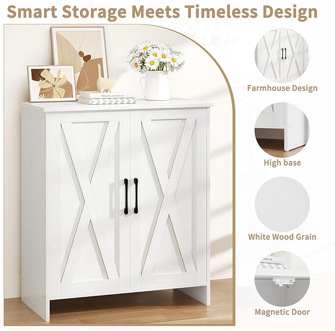 Farmhouse Shoe Storage Cabinet with Doors, 5-Tier Wooden Shoe Cabinet Organizer with 3 Adjustable Shelves, Shoe Rack Shoe Cabinet for Entryway, Hallway, White