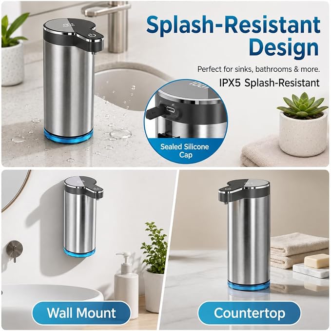 Automatic Liquid Soap Dispenser, Touchless Rechargeable Soap Dispenser for Kitchen & Bathroom, Stainless Steel, 4 Adjustable Liquid Levels, USB-C, Waterproof, 12oz/350ml