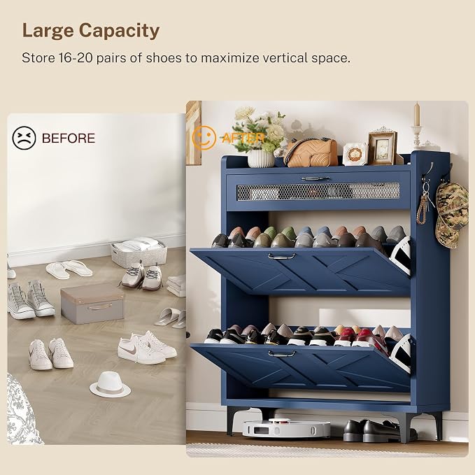 TEENFON Shoe Cabinet with 2 Flip Drawers & Top Drawer, Farmhouse Narrow Shoe Storage Cabinet with Adjustable Shelves & Hooks, Freestanding Hidden Slim Shoe Rack Cabinet for Entryway, Hallway, Blue