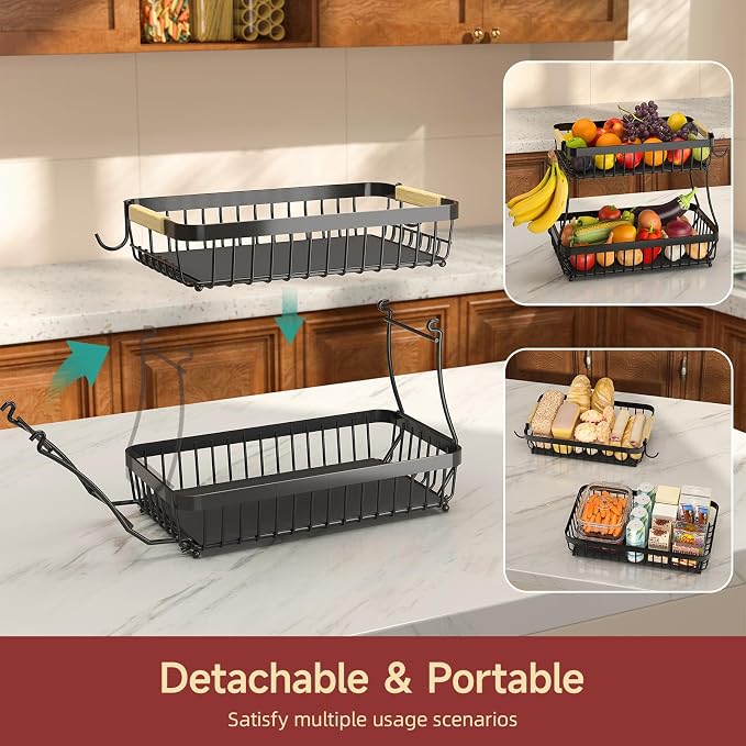 Sevenblue 2-Tier Fruit Basket with Banana Hangers, Detachable Metal Bowl | Wooden handle, protective mats included. Versatile holder for bread, snacks, and veggies. 2-Pack 2 tier metal design.