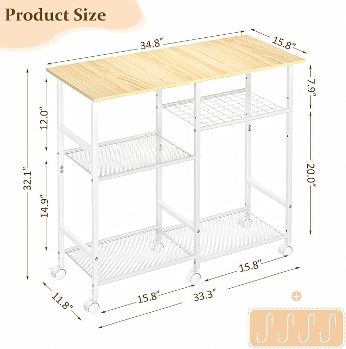 ThreeHio Rolling Kitchen Microwave Cart, 3-Tier Microwave Stand with Adjustable Shelf, Kitchen Storage Island on Lockable Wheels, Coffee Bar Baker's Rack Cart for Living Room, Office, Balcony, White