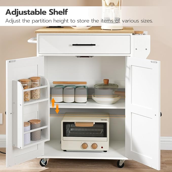 HOOBRO Kitchen Island with Power Outlet, Rolling Kitchen Island with Large Worktop, Kitchen Island Cart with Spice Rack and Drawer, Island Table for Dining Room, White and Natural WN88UZD01