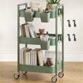 Nunsino 3 Tier Rolling Cart,Utility Cart with Locking Wheels, Hanging Cups,&Hooks, Heavy Duty Metal Storage Organizer Cart for Kitchen,Office, Bathroom,Craft Room,Green
