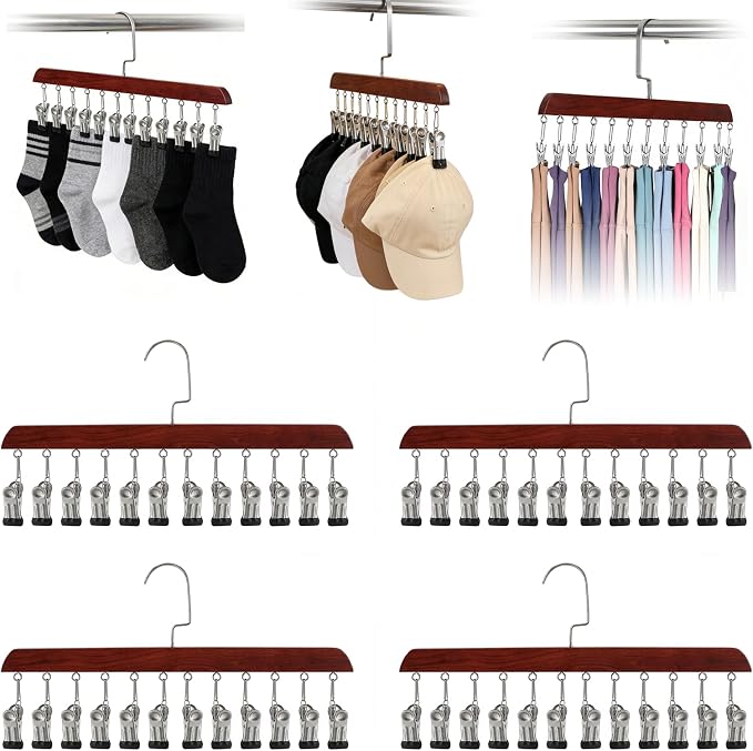 Space Saving Hanging Clothes Organizer with 12 Clips Multi-Purpose Storage for Leggings, Jeans, Skirts, Scarves, Hats, Socks(Vintage-4PCS)