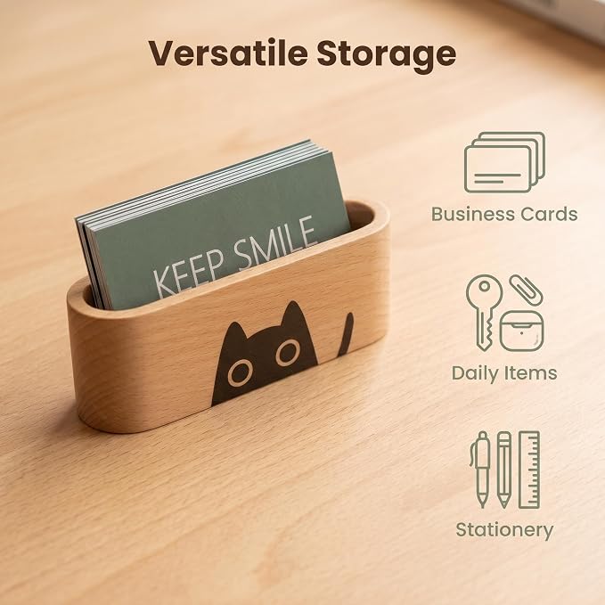 Natural Wooden Name Card Holder Wood Business Card Holder Office Desktop Card Display Stands Cat Pattern Cute