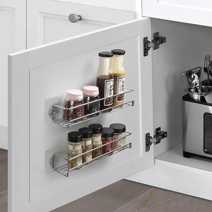 Lonian 2-Tier Wall Mounted Spice Rack Organizer, Chrome Metal Spice Shelf Storage Basket for Kitchen Cabinet/Pantry Door, Includes Drilling & No-Drilling Installation Options