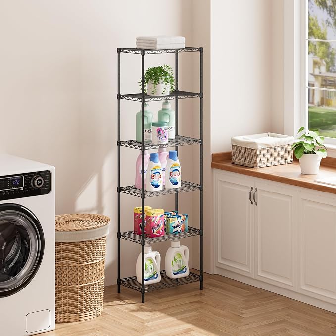 SINGAYE 6 Metal Shelves Wire Shelving Storage Shelf Adjustable Unit Pantry | 6 Tier Kitchen Laundry Room Organization Home Pantry Closet Bathroom Organizers Garage Rack 12" D x 22" W x 69.5" H Black