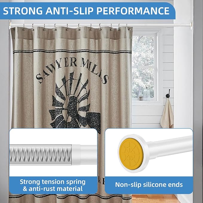 CorkLatta White Shower Curtain Rod,1 Inch Diameter Stainless Steel Adjustable Spring Tension Rods 32 to 80",with Holders,Anti-Slip,Curtain Rods No Drilling(1 Pack)