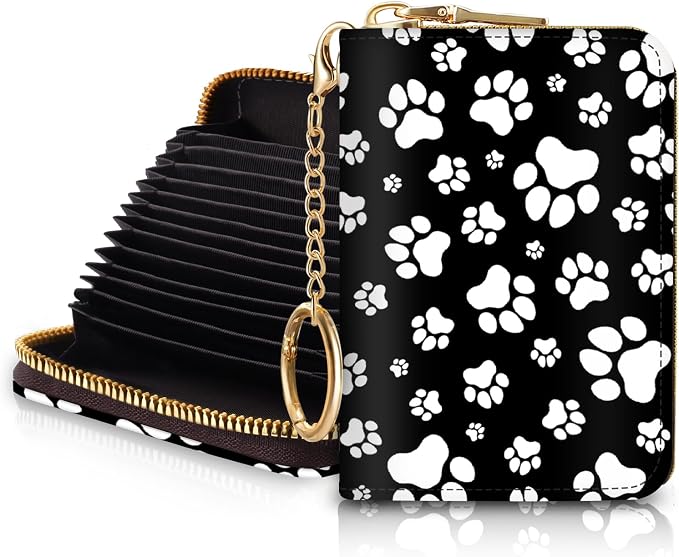 Blusabaca RFID Credit Card Holder Small Women Travel Wallet, Black Dog Paw | Removable Keychain, Case with Zipper, Vegan PU Leather, Cash Coin Pocket, Business Accordion Purse, Ladies Female Gift
