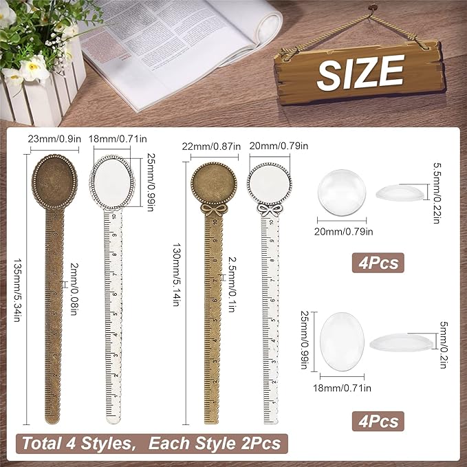 SUNNYCLUE 1 Box 16Pcs DIY 8 Sets Bookmarks Vintage Style Bookmark Making Kit Ruler Metal Book Mark Trays Glass Clear Dome Cabochon Oval Round Blank Flower Pattern Tray for DIY Craft Handmade Gift