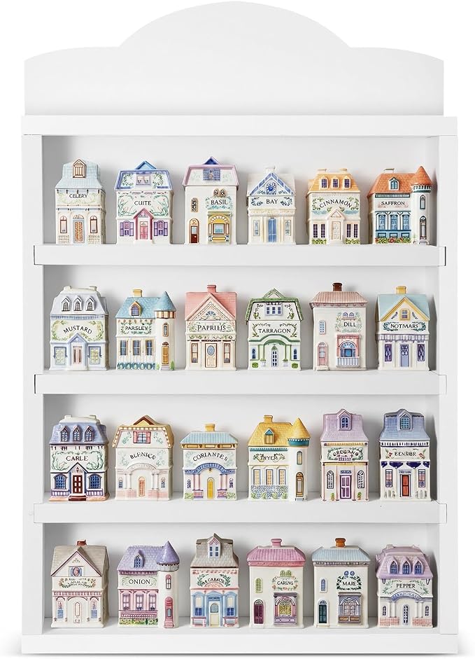 Chunful Vintage Spice Jar Wooden Rack White Elegant Spice Shelf for 24 Jars, Village Style Wall Mounting Kitchen Storage Decorative Hanging Display Rack, Shelf Only