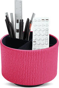 Round Leather Art Supply Organizer,Remote Control Holder,360 Degree Spinning,Multi-Functional Pencil Holder,4 Compartments Desktop Stationary Organizer(1-Vertical Wood Red)