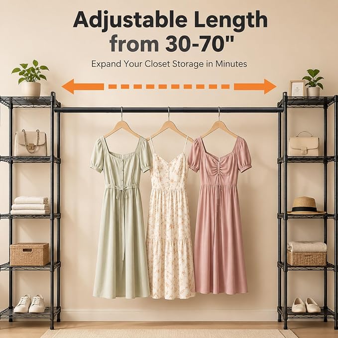 Adjustable Expandable Closet Rod for Wire Shelving, 30-70” Heavy Duty Closet Hanging Rod, Closet Extender Hanging Rod for Wardrobe, Laundry Room, Closet Organization, Black