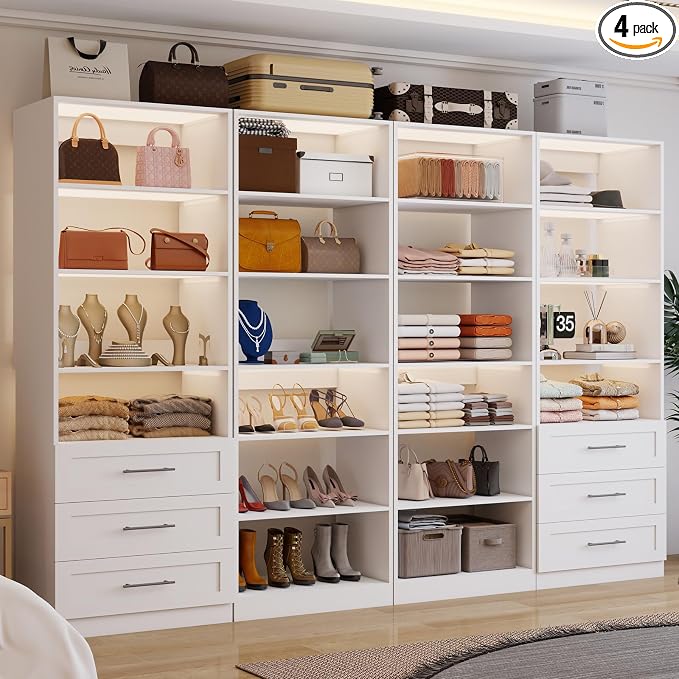 Closet system with 6 Wooden Drawers, 8-21FT Closet Organizer System, 4 Expandable Hanging Rods and 20 Shelves for Walk in Closet, Modular Closet Storage System with Shelves, Set of 4