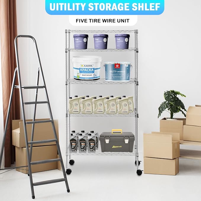 PayLessHere | 5-Tier Wire Shelf with Wheels | 14"x30"x60" | Chrome | Adjustable Racks | Heavy-Duty Storage Shelves, Holds Upto 220 lbs | Rust-Resistant, No-Tool Assembly | for Home, Garage Shelving