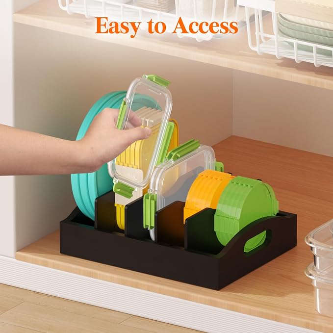 Lifewit Bamboo Lid Organizers for Inside Cabinet, Food Storage Container Lid Holder with 4 adjustable Inserts & 5 Compartments, Lid Storage for Kitchen Pantry Organization, 10.6" X 8.3", Black