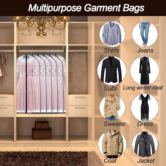 Garment Bags Covers (24''X60'' Set of 12) Long Dress Bags for Hanging Clothes (Pack of 6) with Study Full Zipper Coat Covers for Closet Clothes Storage and Travel