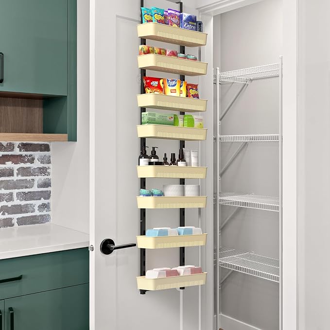 White 8-Tier Over the Door Organizer, Metal Over the Door Spice Rack with Adjustable Baskets, Hanging Behind the Door Storage for Pantry, Kitchen, Bathroom & Household Use