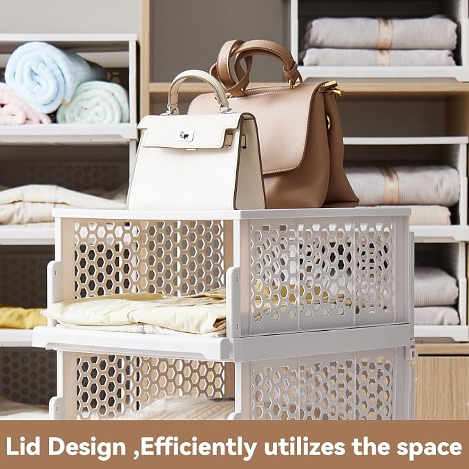 Pull-out Plastic Storage Basket with a Lid,Stackable Closet Organizers Drawer Anti-Tipping,Stable Shelf Container for Bathroom Laundry Room Storage, Space-Saving Clothes Storage (White Gray, L-4 pack)