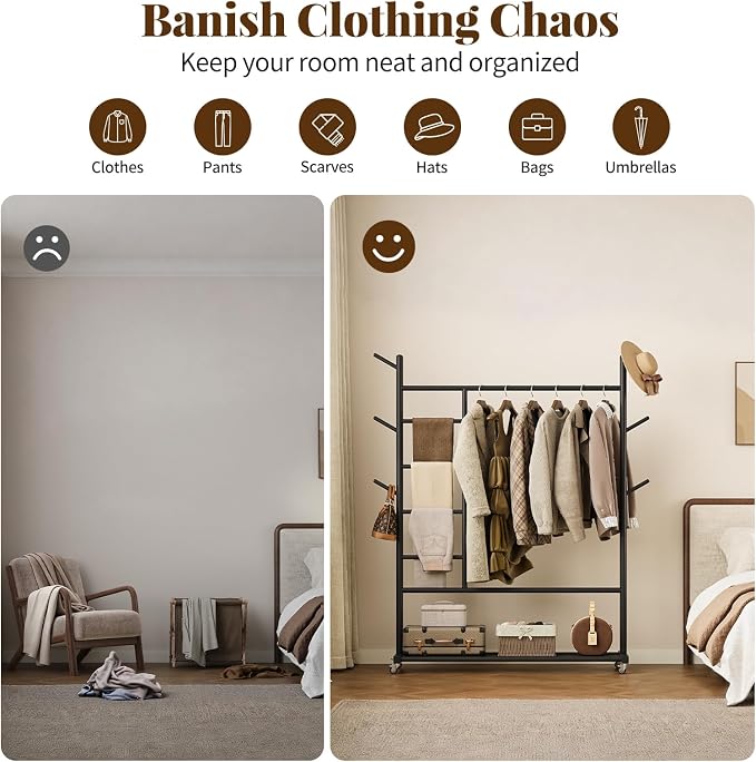 Yoobure Solid Wood Clothing Rack - Rolling Clothes Rack with Wheels, 4-in-1 Coat Rack with Pants Rack & Shelf, Freestanding Clothing Racks for Hanging Clothes, Garment Rack for Closet Bedroom Entryway