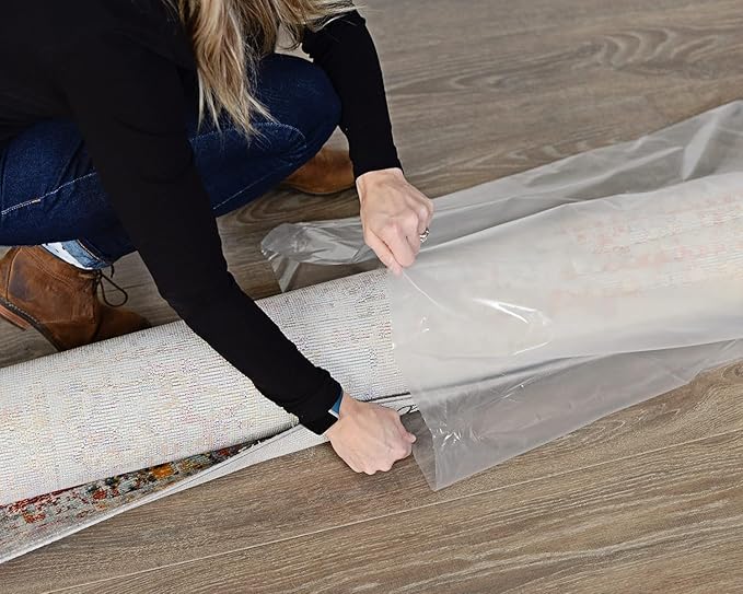 Two Heavy Duty Rug Storing Bags for Packing, Moving & Shipping - Premium USA Made Quality - Tear-Resistant Polyethylene - Waterproof, Dustproof - BPA free - Fits Rugs Up to 6x9 - Zip Tie Closure