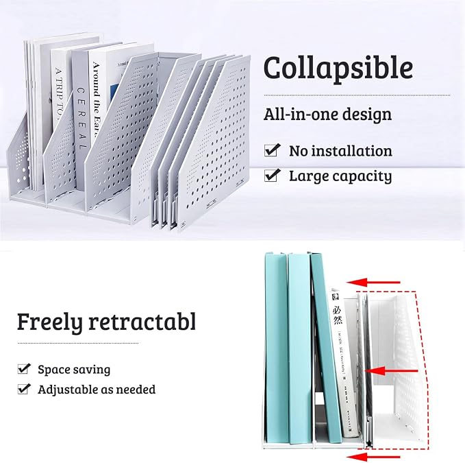 Marte Vanci Collapsible 3 Compartment Magazine Holder Desktop Adjustable Sturdy File Dividers Document Cabinet Rack Display (2 Pcs Light Gray)