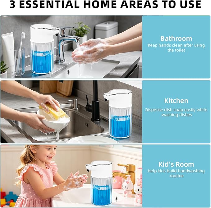 Automatic Foam Soap Dispenser Touchless, 12oz Rechargeable Soap Dispenser with 4 Adjustable Levels, Auto Hand Soap Dispenser for Kitchen, Bathroom Countertop, Wall Mounted, IPX5 Waterproof